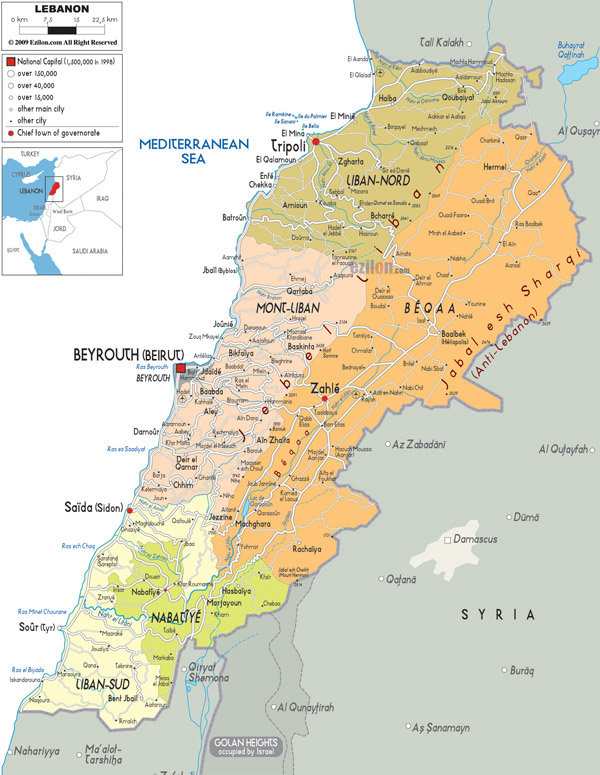 Large detailed administrative map of Lebanon.