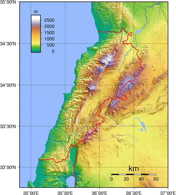 Large detailed physical map of Lebanon.