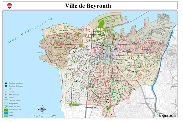 Large detailed road map of Beirut (Beyrouth) city.