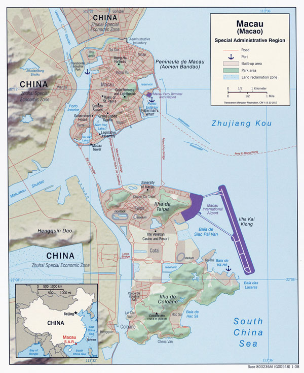 Full political map of Macau with relief.