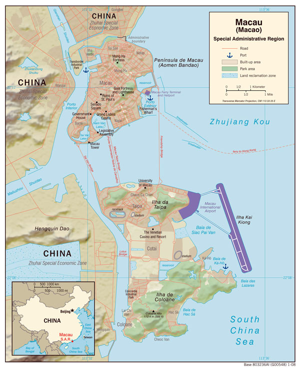 Large detailed political map of Macao with relief, roads and sea ports.