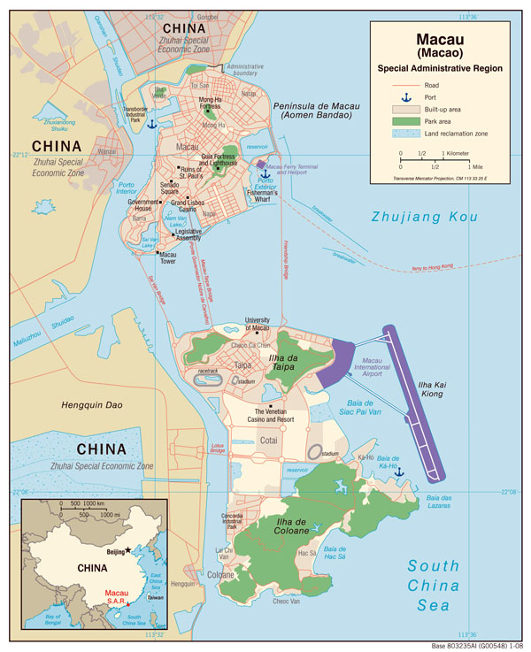 Large detailed political map of Macao with roads and sea ports.