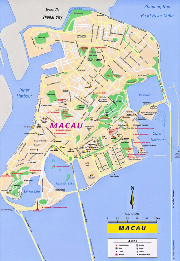 Large detailed tourist and road map of Macau.