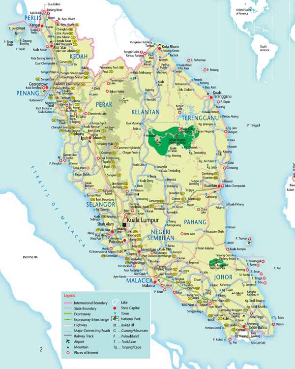 Detailed road map of West Malaysia. West Malaysia detailed road map.
