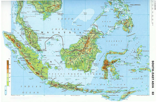 Large detailed topographical map of Malaysia.