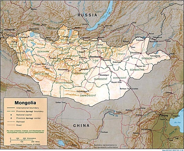 Detailed relief and administrative map of Mongolia.