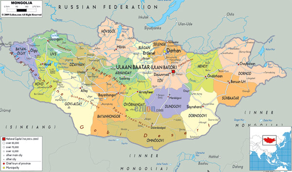 Detailed road and administrative map of Mongolia.