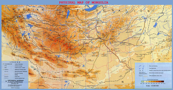 Large detailed physical map of Mongolia.