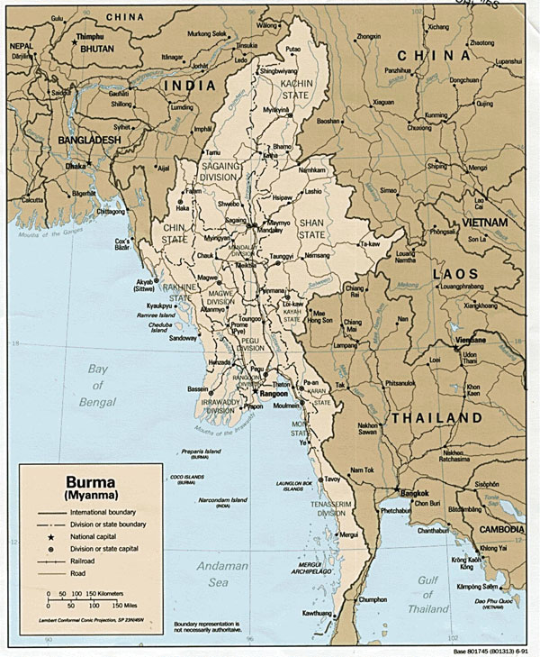 Large detailed administrative and political map of Burma.