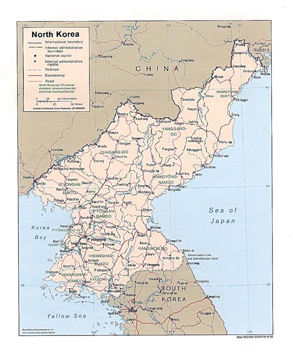 Detailed administrative and road map of North Korea.