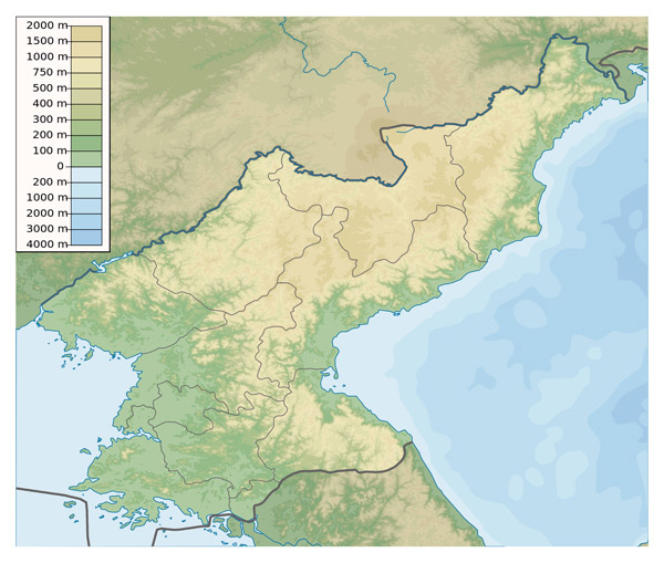 Detailed physical map of North Korea. North Korea detailed physical map.