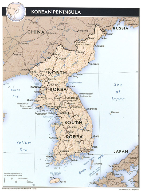 Detailed political and administrative map of Korean Peninsula with relief, roads and major cities - 2011.
