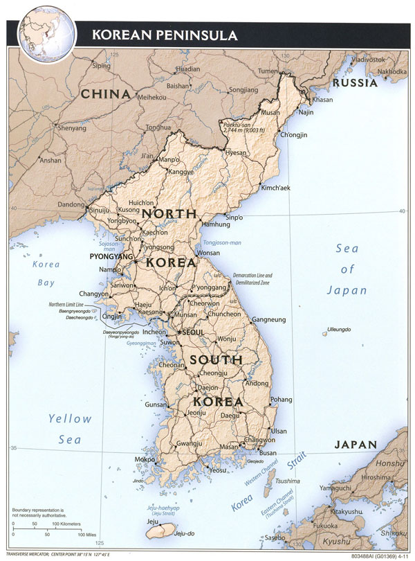 Detailed political and administrative map of Korean Peninsula with relief, roads and major cities - 2011. Detailed political and administrative map of Korean Peninsula with relief, roads and major cities - 2011.