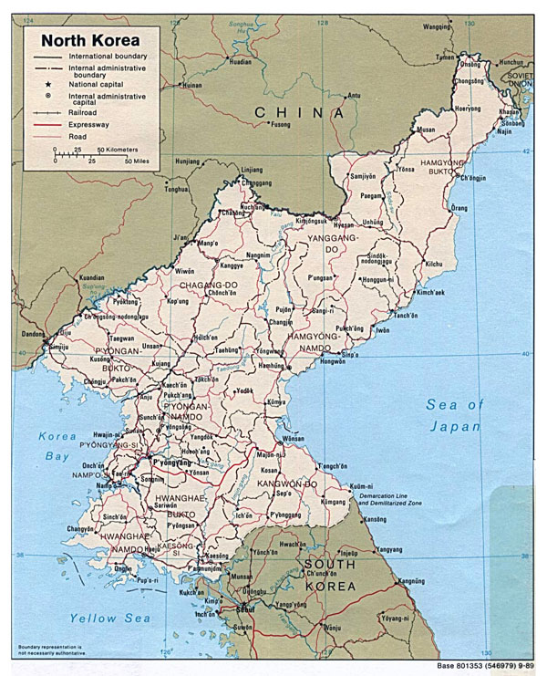 Detailed political and administrative map of North Korea with roads and major cities - 1989.