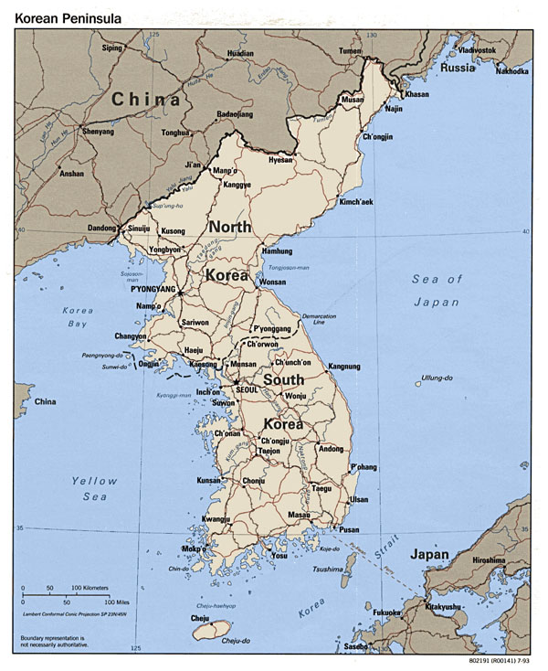 Detailed political map of Korean Peninsula - 1993.