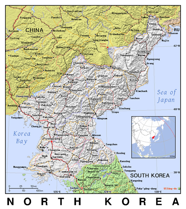 Detailed political map of North Korea with relief.