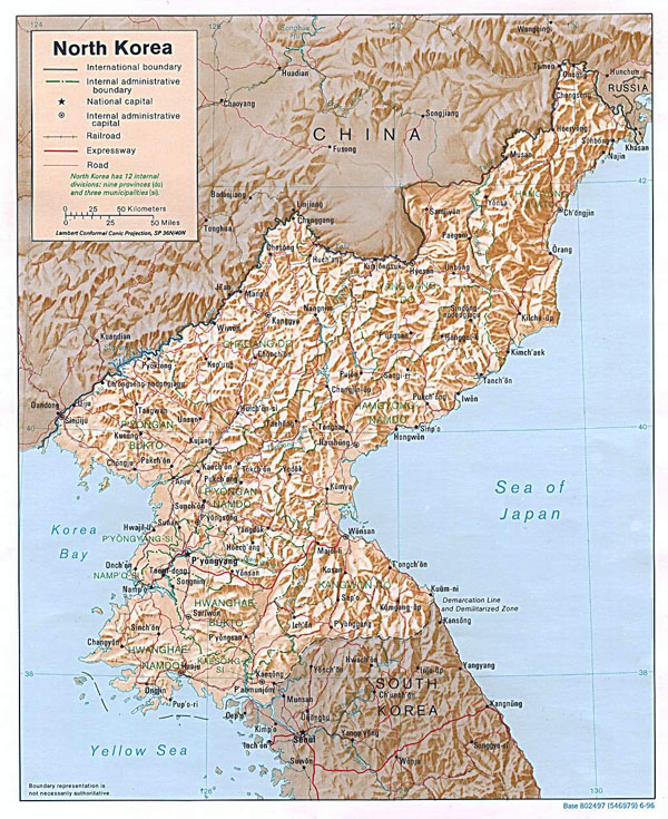 Detailed political map of North Korea with relief, roads and major cities - 1996.