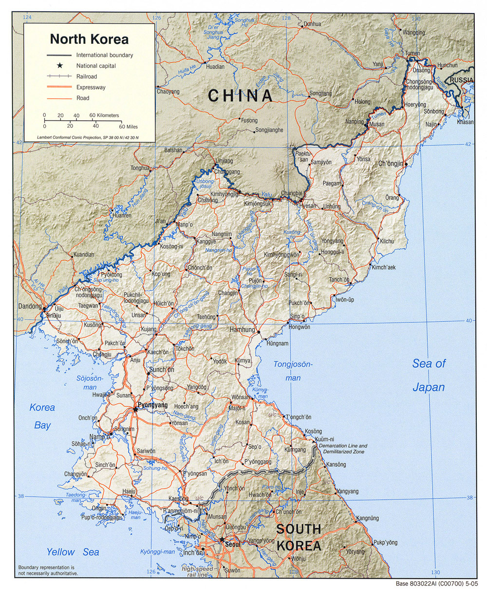 Detailed political map of North Korea with relief, roads and major