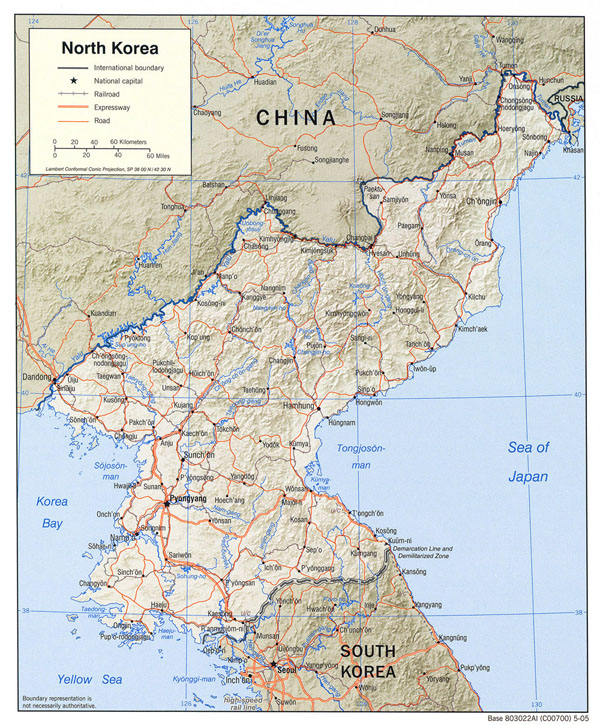 Detailed political map of North Korea with relief, roads and major cities - 2005.