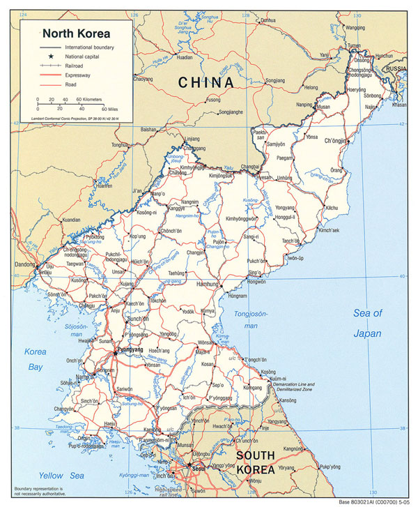 Detailed political map of North Korea with roads and major cities - 2005.