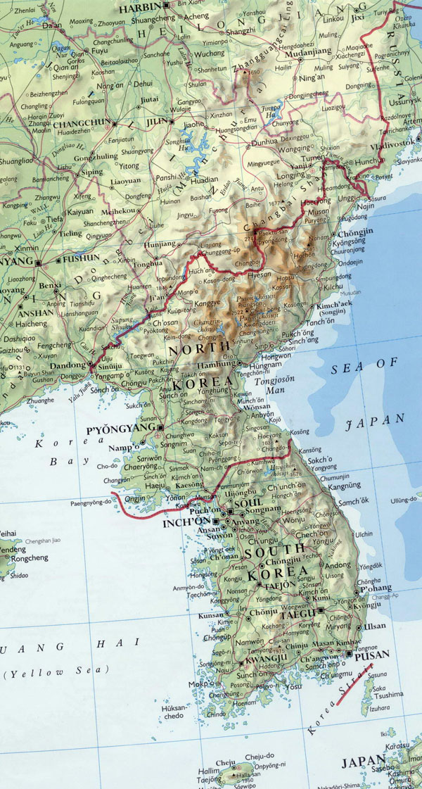 Detailed relief map of Korean Peninsula with major cities.