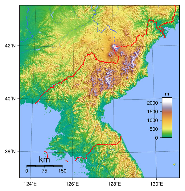 Detailed topographical map of North Korea. North Korea detailed topographical map.