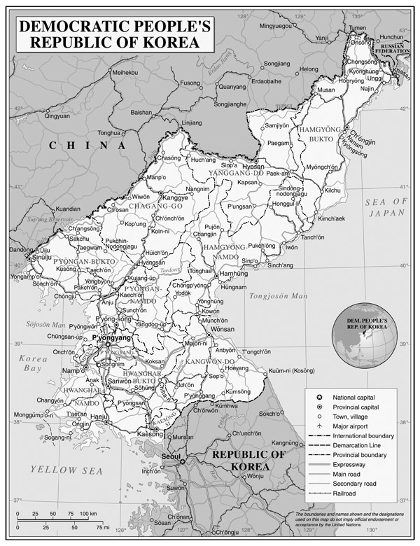 Large detailed political and administrative map of North Korea (DPRK) with roads, airports and major cities.