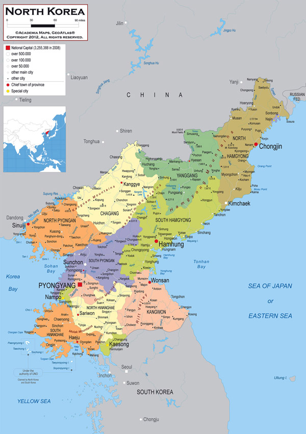 Large political and administrative map of North Korea (DPRK) with roads, airports and cities.