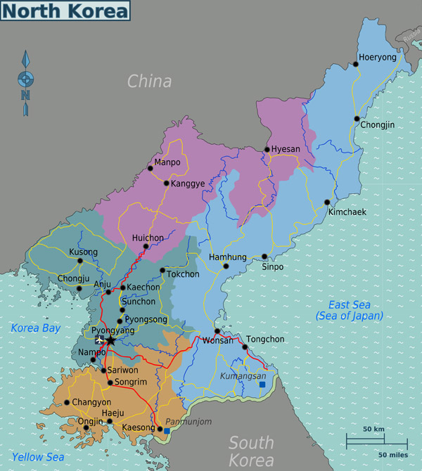 Large regions map of North Korea. North Korea large regions map.