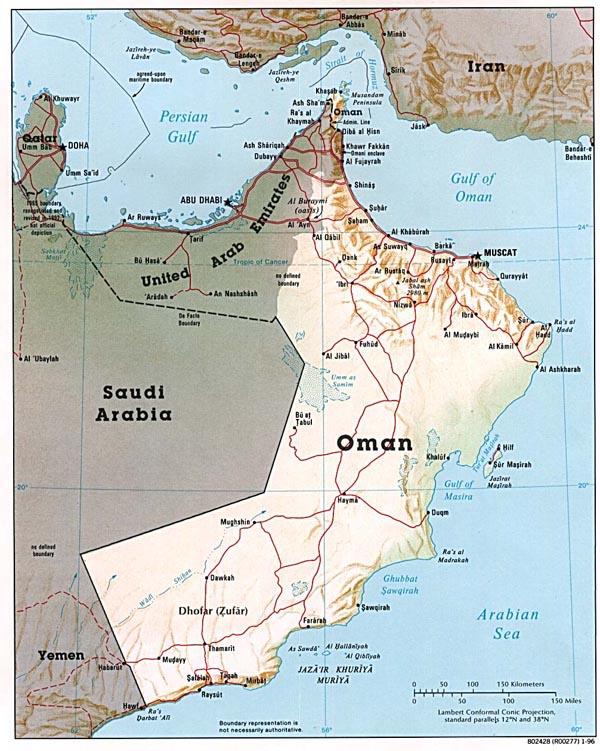 Detailed relief and political map of Oman.