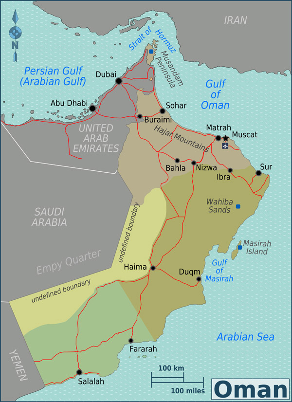 Detailed road and administrative map of Oman.