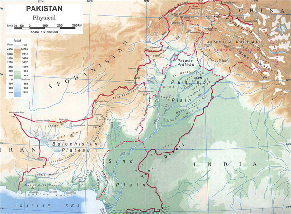 Detailed physical map of Pakistan. Pakistan detailed physical map.