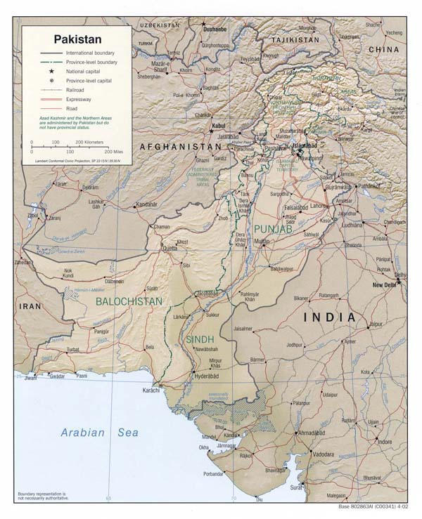 Detailed relief and political map of Pakistan.