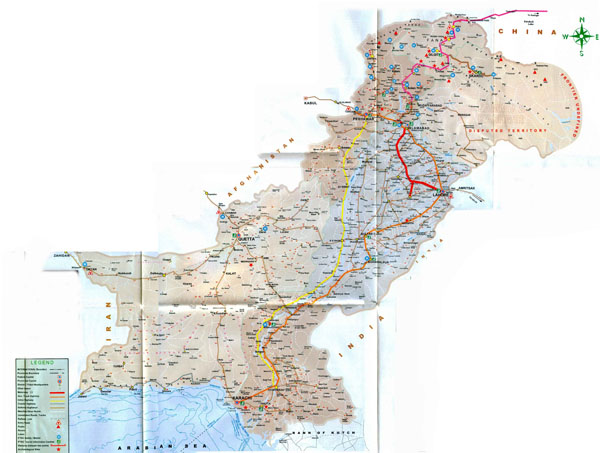 Large detailed road and railway map of Pakistan.