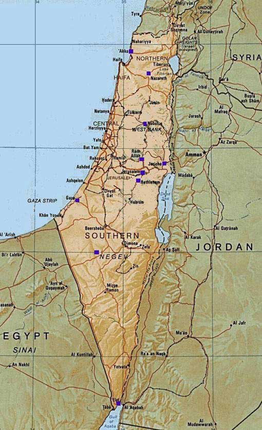 Detailed relief and political map of Palestine.