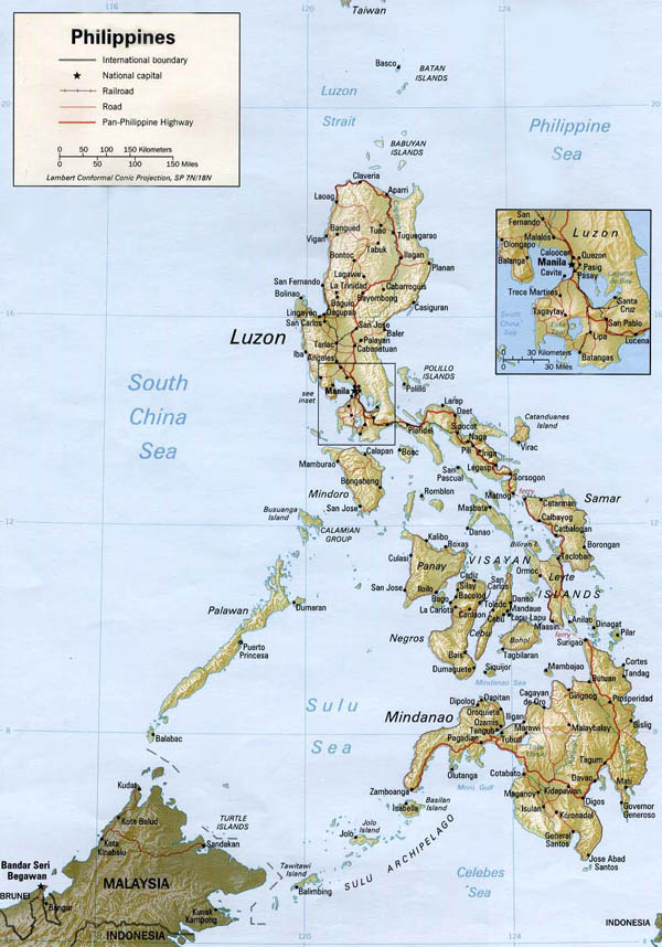 Large detailed relief and road map of Philippines.