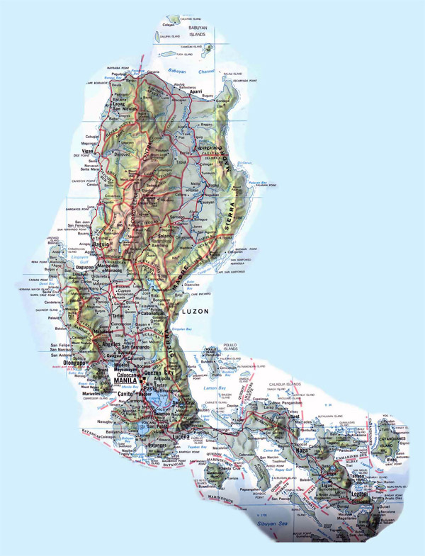 Large detailed road and topographical map of Philippines.