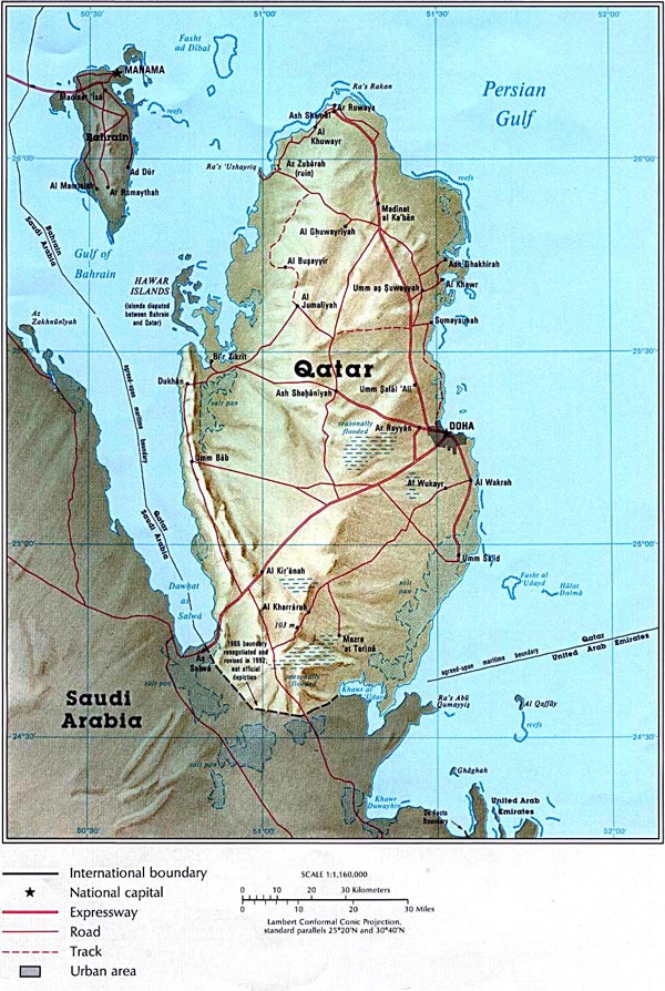 Detailed relief map of Qatar. Qatar detailed relief map.