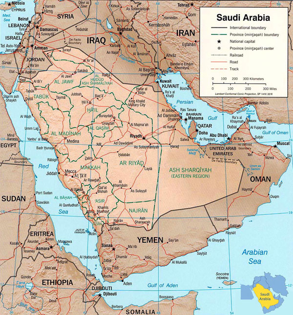 Detailed relief and political map of Saudi Arabia.