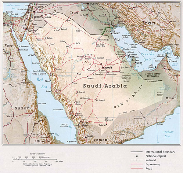 Detailed relief and road map of Saudi Arabia.