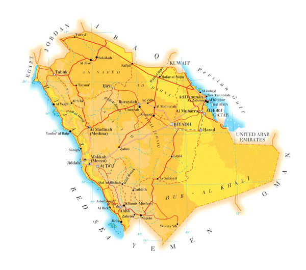 Detailed road map of Saudi Arabia. Saudi Arabia detailed road map.