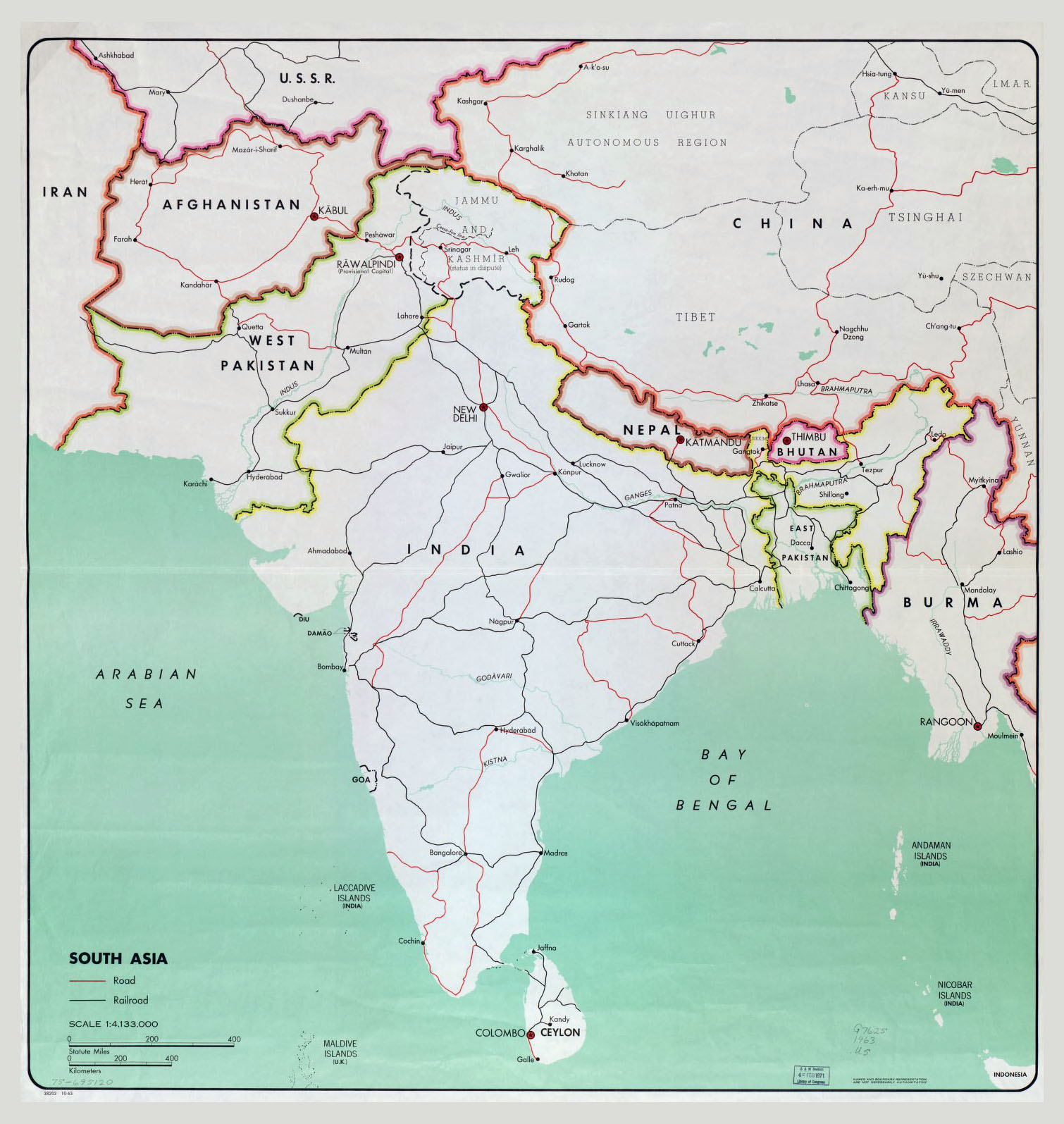 Large map of South Asia with major cities, roads and railroads 1963 Map Of South Asia Countries