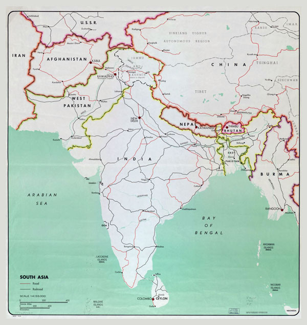 Large map of South Asia with major cities, roads and railroads - 1963.
