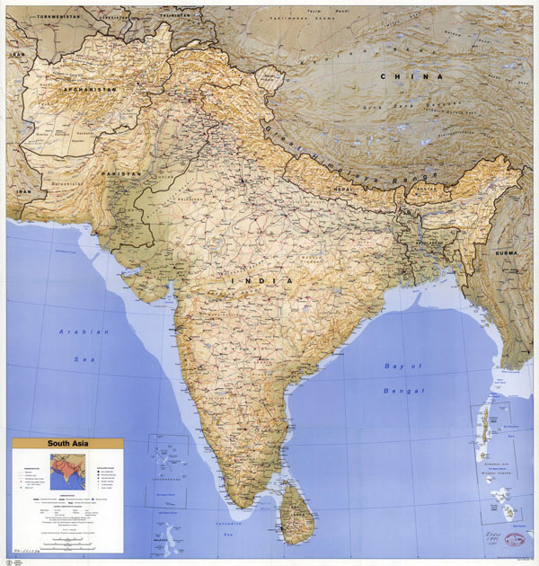 Large scale political map of South Asia with relief, roads, railroads, cities, airports and seaports - 1993. Large scale political map of South Asia with relief, roads, railroads, cities, airports and seaports - 1993.