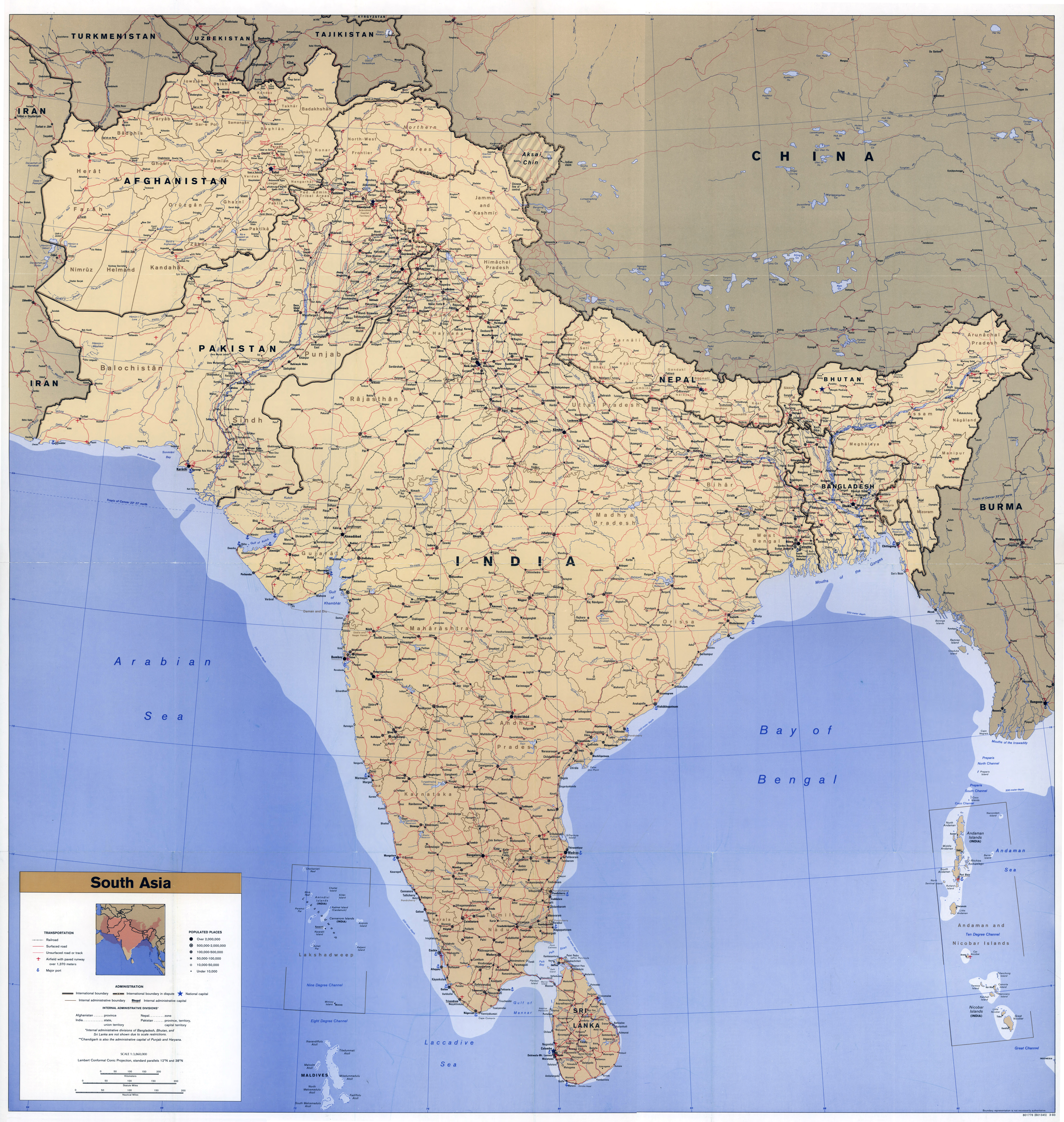 large scale political map of south asia with roads railroads cities airports and