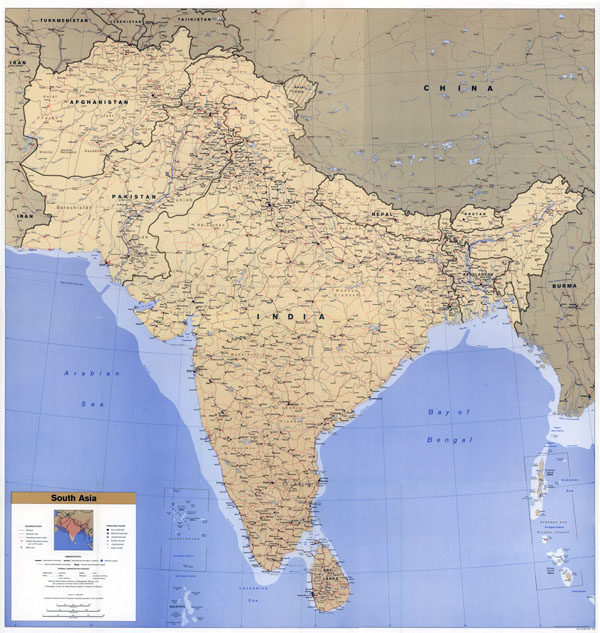 Large scale political map of South Asia with roads, railroads, cities, airports and seaports - 1993. Large scale political map of South Asia with roads, railroads, cities, airports and seaports - 1993.