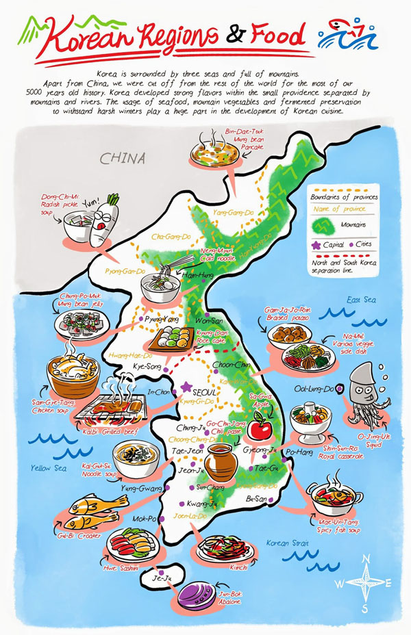 Large detailed Korean Food Regions illustrated map.