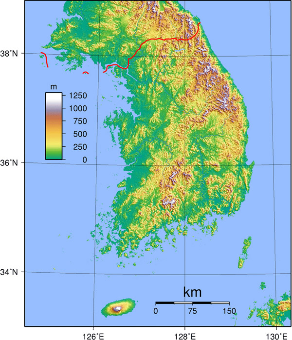 Large detailed physical map of South Korea. South Korea large detailed physical map.