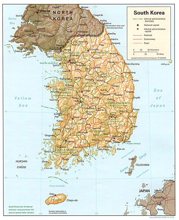 Large detailed relief and administrative map of South Korea.