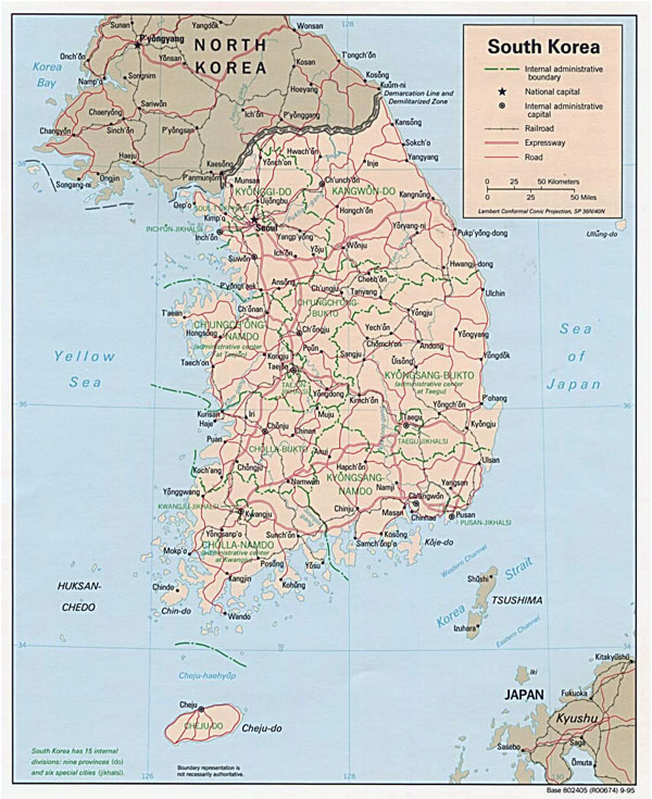 Large detailed road and administrative map of South Korea.